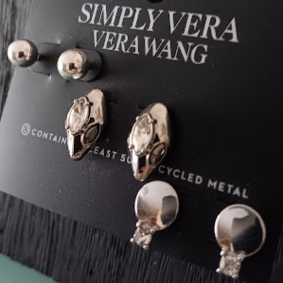 VERA WANG 3pc SET Silver Clear Crystal Disc/Silver Ball/Dragon Studs Earrings - Picture 4 of 4